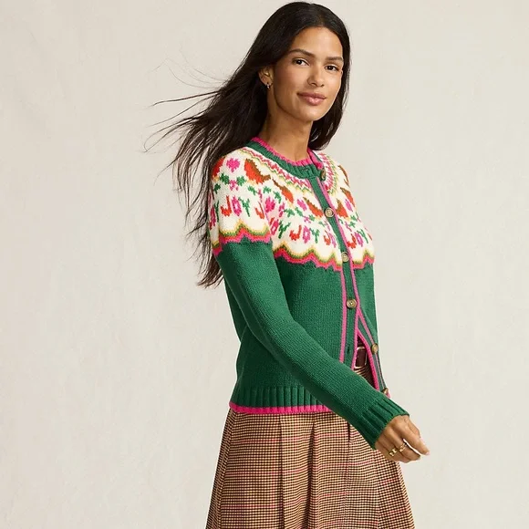 ❌SOLD❌Lands' End Women's Lofty Birdseye Fair Isle Cardigan Sweater Size Large - Picture 2 of 8